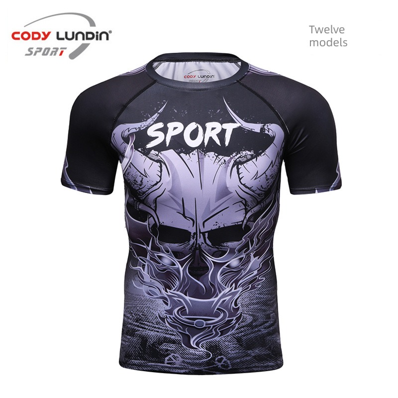 PRO man motion Bodybuilding elastic force quick-drying T-shirt Short sleeve