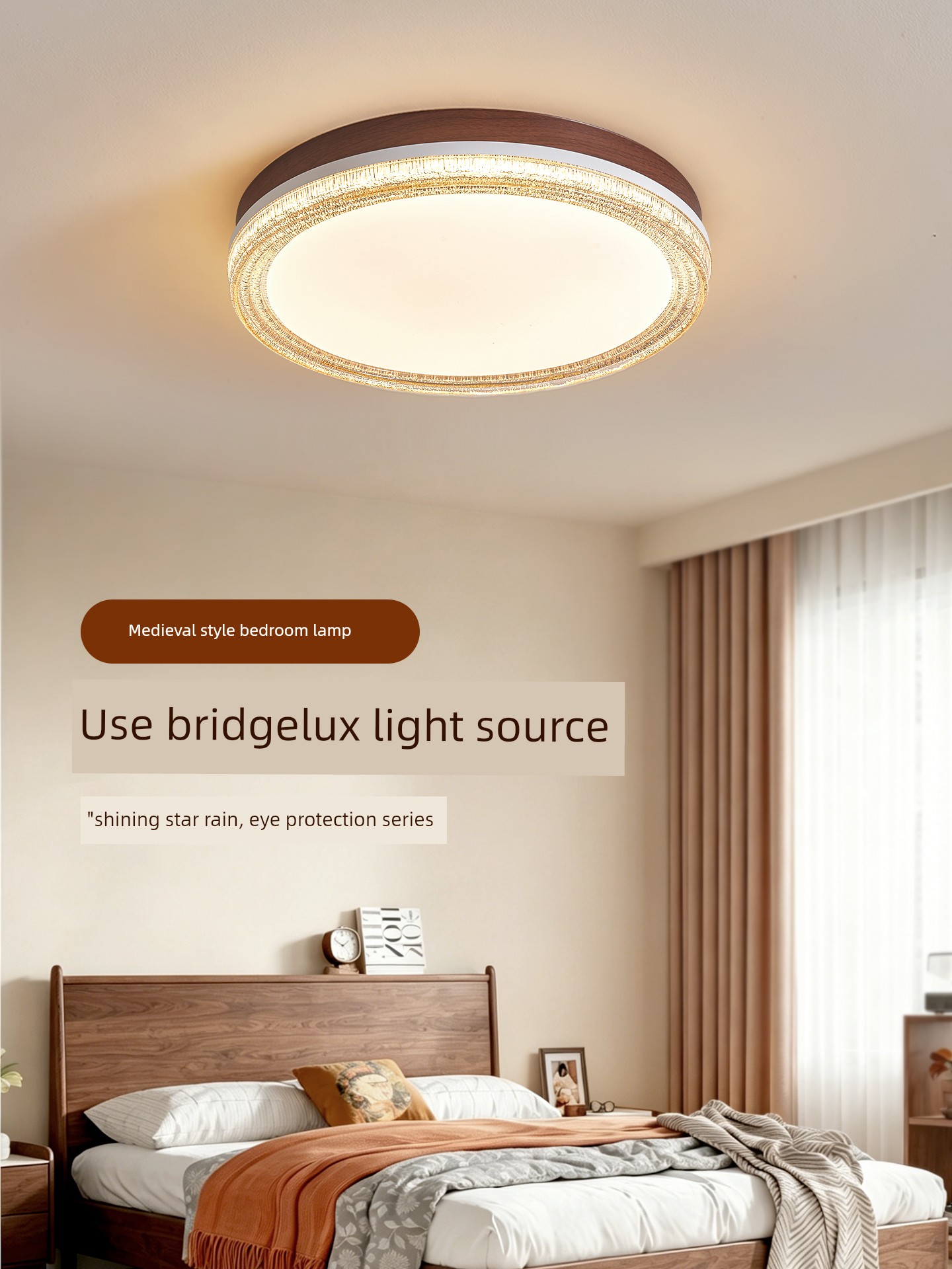 Bedroom Lamp, Vintage Light Luxury Crystal Study Room Lamp, New Retro Peach Wood Color Dining Room Master Bedroom Ceiling Light Fixture 668E