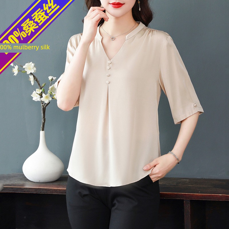 Hangzhou summer wear Short sleeve Middle aged and elderly mom easy silk