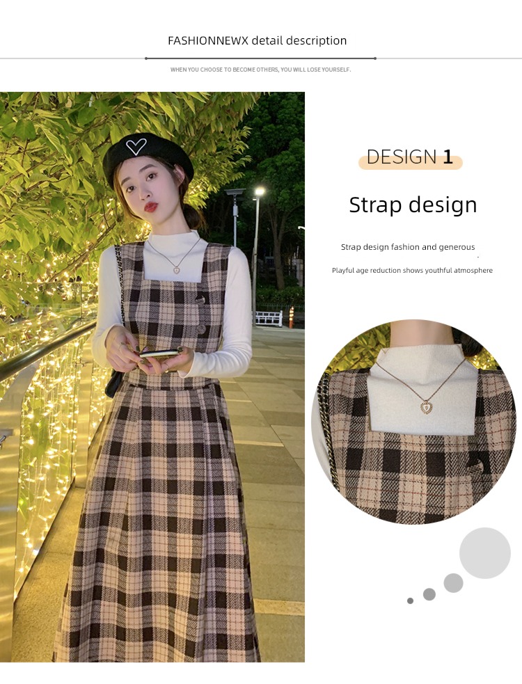 Autumn and winter French Check pattern Wool Dress suit straps