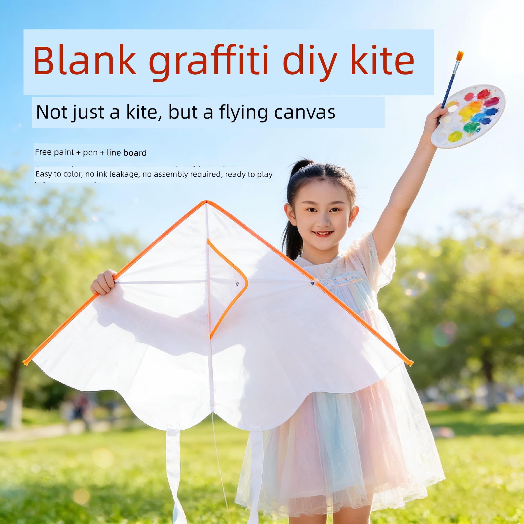 Hand-Painted Kite DIY Material Kit for Elementary School Students, Blank Graffiti Kite, Self-Made Coloring Kite, Easy to Fly in the Breeze
