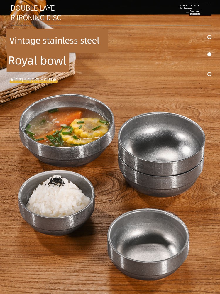 Vintage 304 Stainless Steel Bowl, Double-Layer Anti-Scald Soup Bowl, Korean-Style Rice Bowl, Rustic Style Bibimbap Bowl, Cooking Bowl