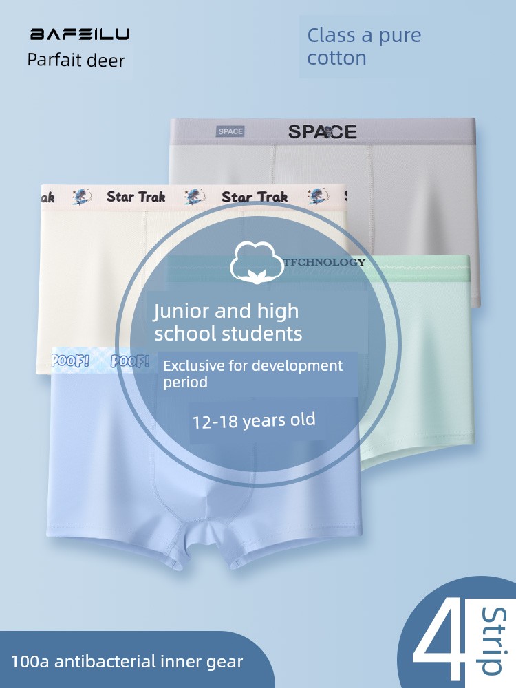 Teenage Boys' Underwear for Early Development Stage, High School Students, 15-Year-Old Boys, Pure Cotton, Class a Children's Boxer Shorts