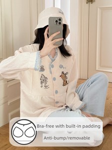 春秋冬季带胸垫加厚空气棉月子服免穿内衣夹层孕妇睡衣带帽子套装