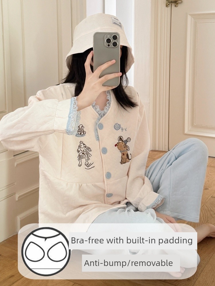 Spring, Autumn, and Winter Maternity Pajamas with Chest Pads, Thickened Air Cotton, No Need to Wear Underwear, Layered Maternity Sleepwear with Hood Set
