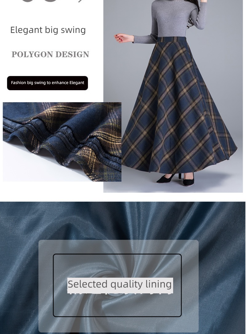 Wool lattice Retro Big size High waist Show thin Medium length skirt