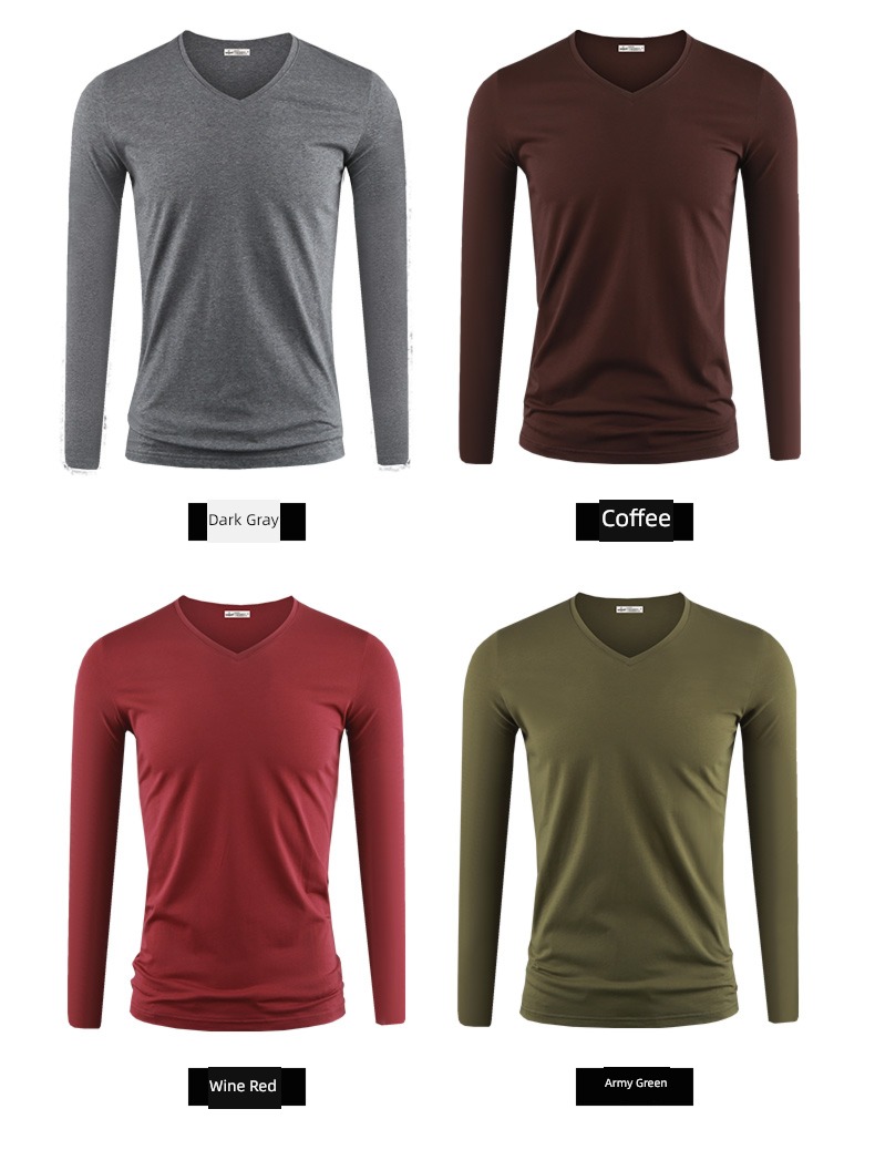 man V-collar Spring  Inner lap Tight fitting Long sleeve T-shirt