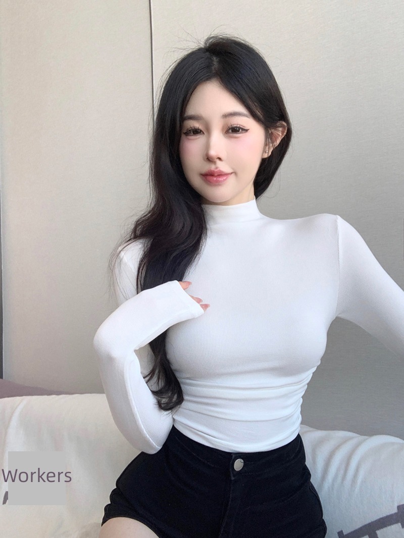Korean version Versatile Half high collar Long sleeve Undershirt T-shirt female have cash less than that is registered in the accounts Pleating Self-cultivation Inner lap desire Pure wind hottie jacket