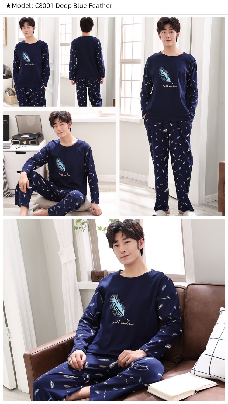 male Long sleeve Cotton Big size Autumn  summer suit pajamas