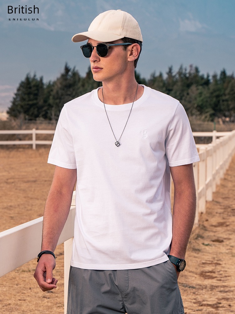 Ying julun   pleasantly cool Smooth   pure cotton man Self-cultivation Simplicity Show thin Short sleeve T-shirt Versatile   delicate Hot stamping jacket