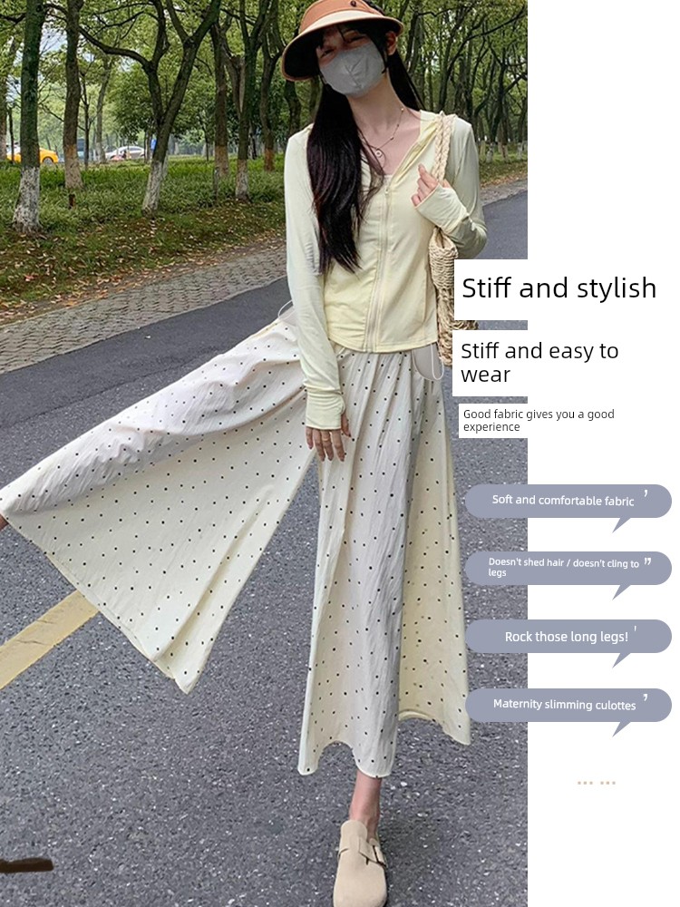 Maternity Pants for Summer, Thin Style for Outerwear, 2026 New Model, Polka Dot Skirt-Pants for Pregnant Women, No Belly Support, Drawstring Wide-Leg — 2
