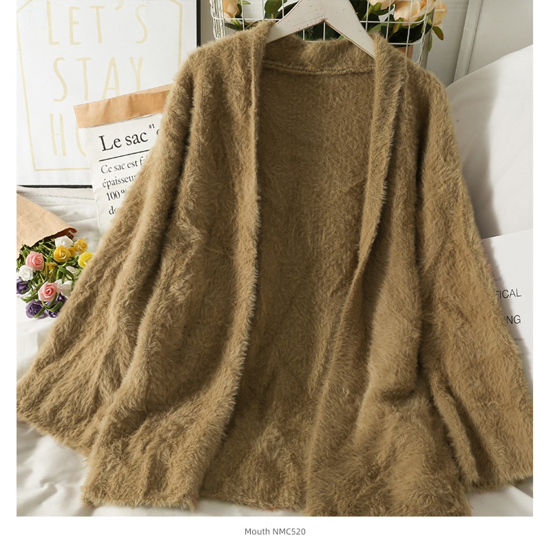 loose coat female Sweet  Plush Solid color No buckle Cardigan