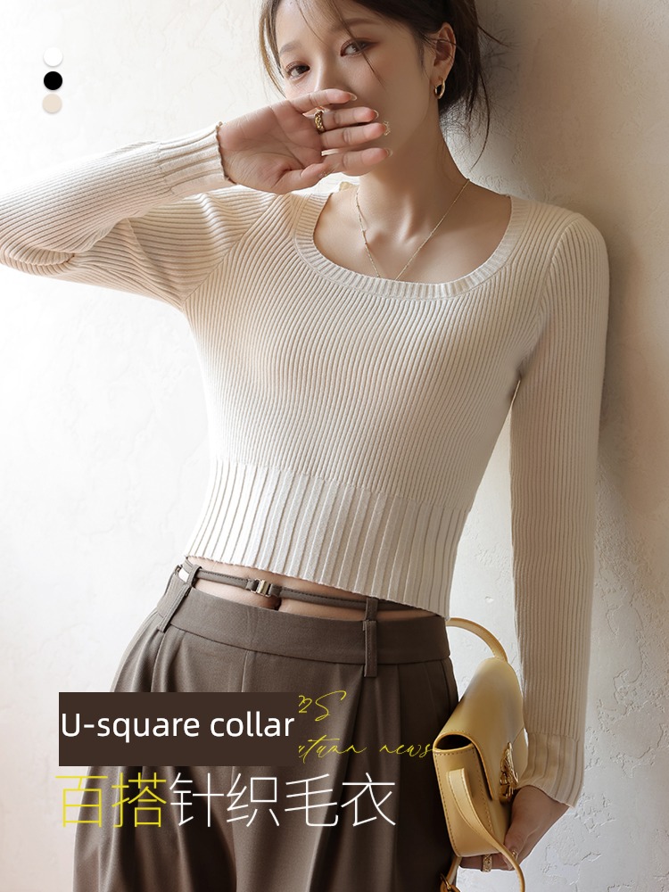 square neck Inner lap white Self-cultivation Long sleeve jacket Sweater
