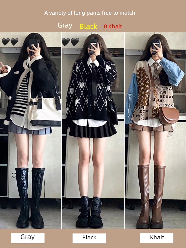 jk khaki Spring, autumn and winter student Wool Pleated skirt