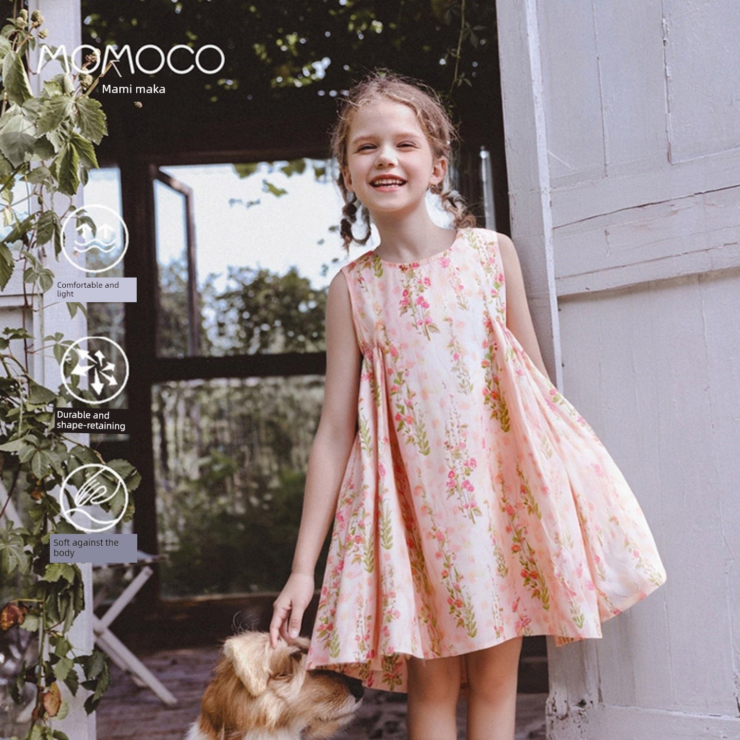 Momoco/Mami Maca Girls' Dress 2026 New Summer Style for Older Children, Stylish Pure Cotton Floral Princess Dress