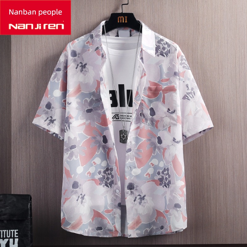 NGGGN Ice silk Hawaii Put on your clothes Short sleeve shirt