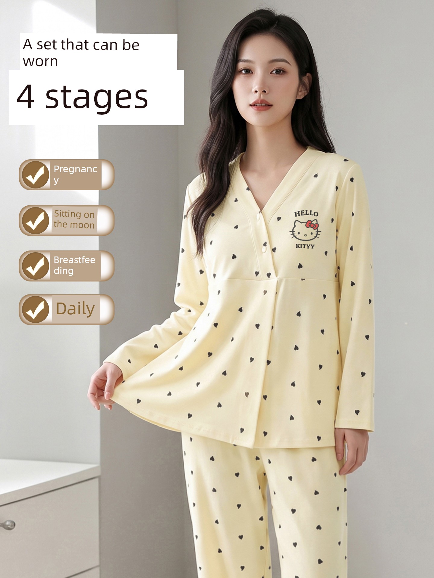 Anna Mommy's Pure Cotton Maternity Pajamas with Hat, Spring and Autumn Style, Nursing Sleepwear, Autumn and Winter Loungewear Set — 4
