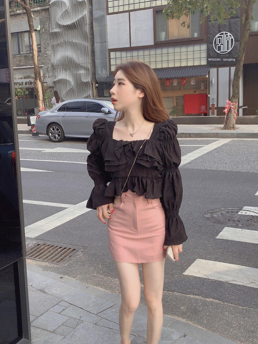 black Ruffles Chiffon French Long sleeve Thin money shirt