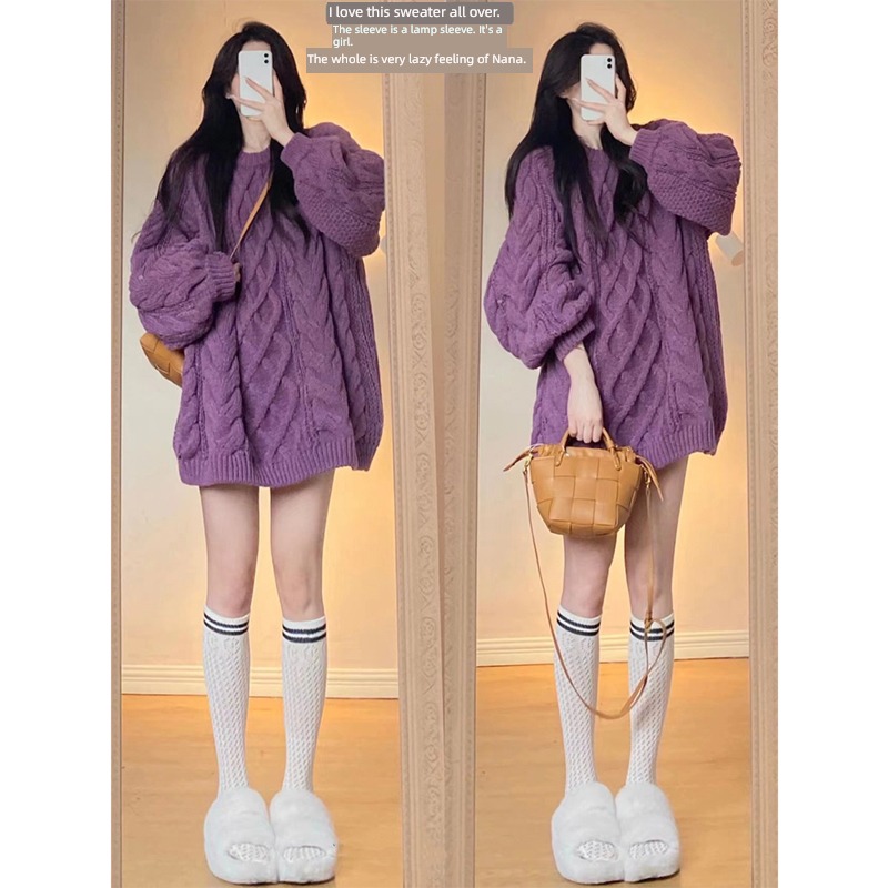 purple Autumn and winter clothes Retro Wear out thick Hemp flowers sweater