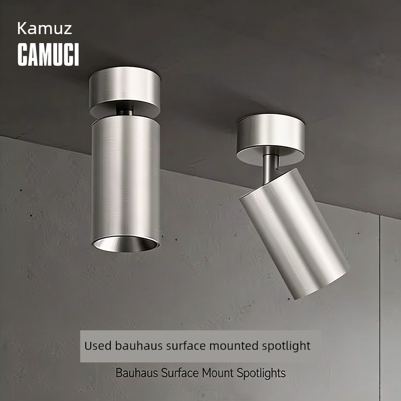 Bauhaus Stainless Steel Surface-Mounted Spotlight, Silver, Adjustable Angle, Ceiling Light, No-Drill Installation, Vintage Industrial Style, No Main Light