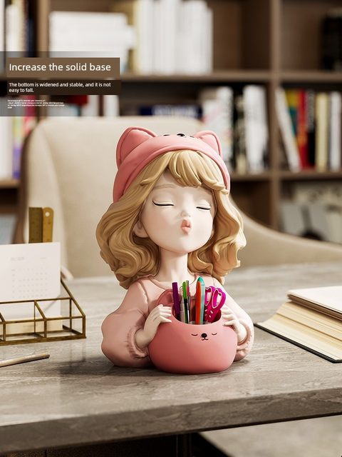 Cute girl pen holder ornament creative office desktop makeup brush storage children room decoration boy girl