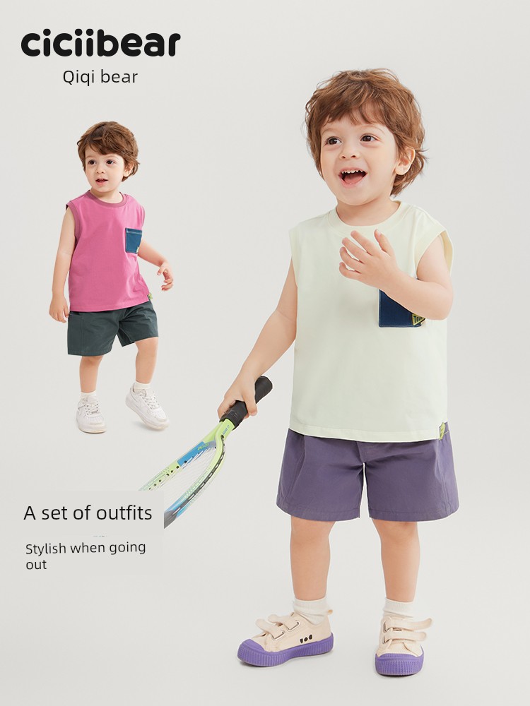 [7A Antibacterial Pure Cotton Cool Sensation] Qiqi Bear Baby Vest Set Summer Outfit Boys' Shorts Outdoor Children's Wear Sleeveless — 3