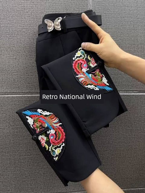 2025 spring and summer new high-waist elastic slim versatile trousers retro ethnic style slim casual pants
