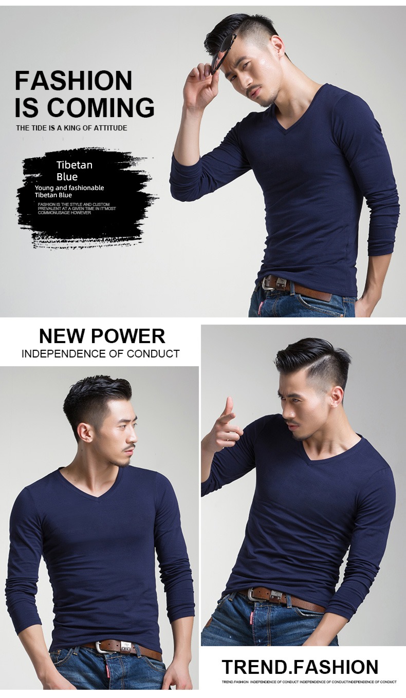 man V-collar Spring  Inner lap Tight fitting Long sleeve T-shirt