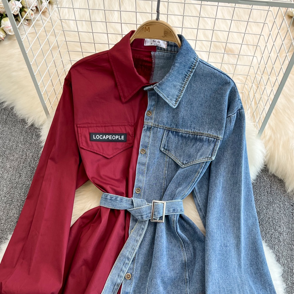 chic With belt Color matching leisure time jacket cowboy shirt