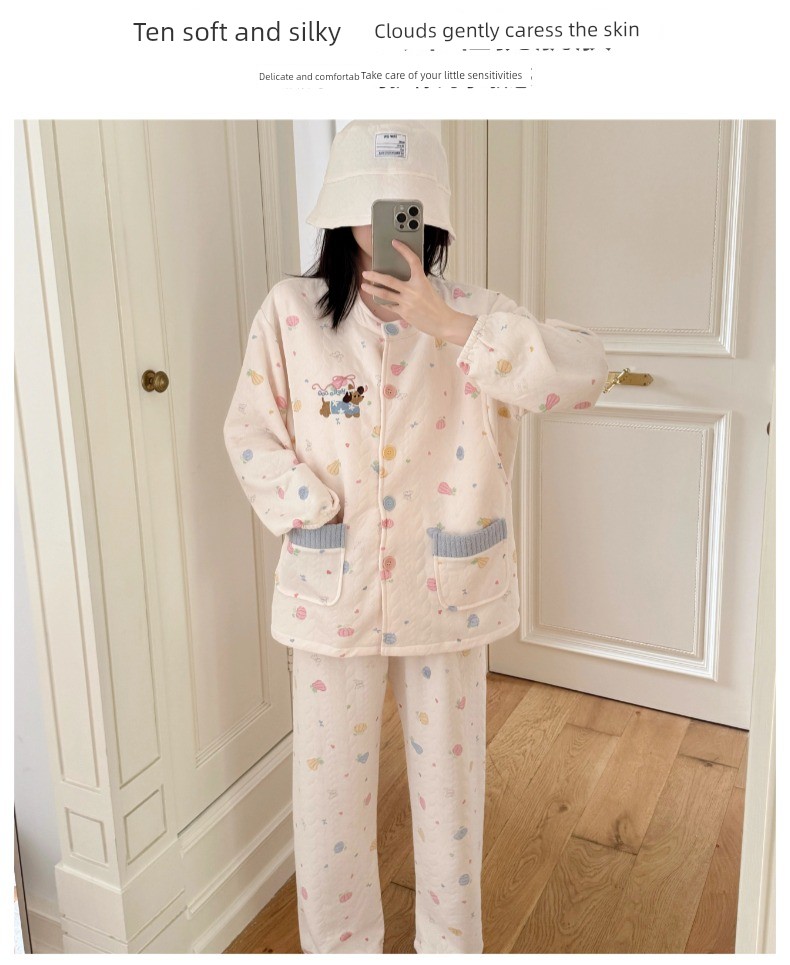 Spring, Autumn, and Winter Maternity Pajamas with Chest Pads, Thickened Air Cotton, No Need to Wear Underwear, Layered Maternity Sleepwear with Hood Set — 23