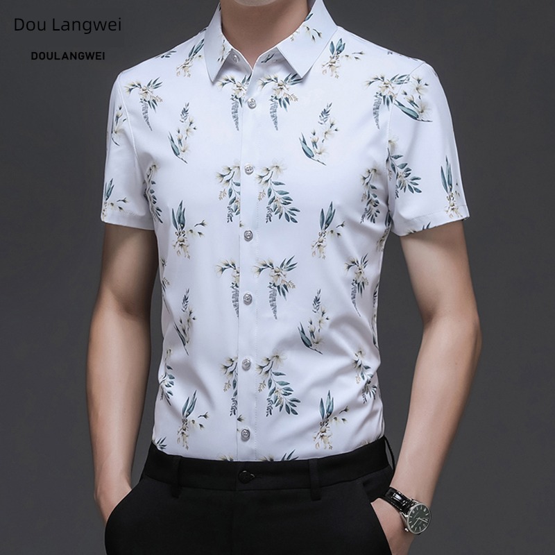 tide Hawaii Ice silk elastic force leisure time printing Short sleeve