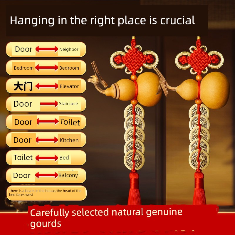 Gourd Pendant with Five Emperors Coins for Door-To-Door Protection, Natural Opening for Bathroom, Bedroom Window, Toilet Entrance, Home Protection, and Auspicious Knot