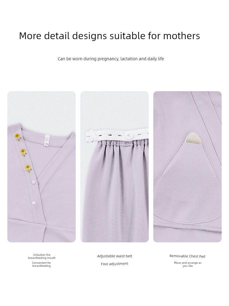 Maternity Pajamas with Breast Pads, Pure Cotton, Sweat-Absorbent, Autumn and Winter Style, Nursing Maternity Sleepwear, Summer Thin Style, Postpartum — 5