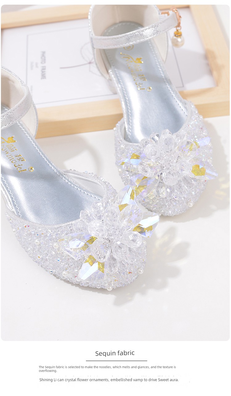 Western Style Children's Princess Shoes Crystal Shoes Girls High Heel Shoes Soft Bottom Elementary School Student Dress Dance Leather Shoes Silver with — 19