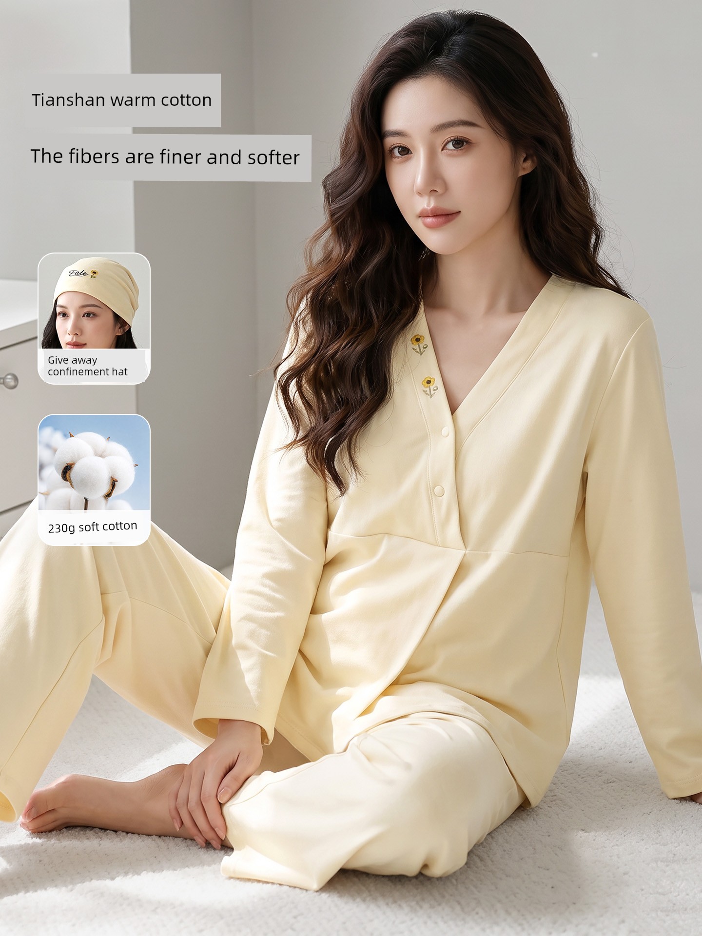 Maternity Pure Cotton Sweat-Absorbent Postpartum Clothing for Spring and Autumn, Nursing Wear for Autumn and Winter, Maternity Pajama Set That Can Be Worn Outside as Loungewear