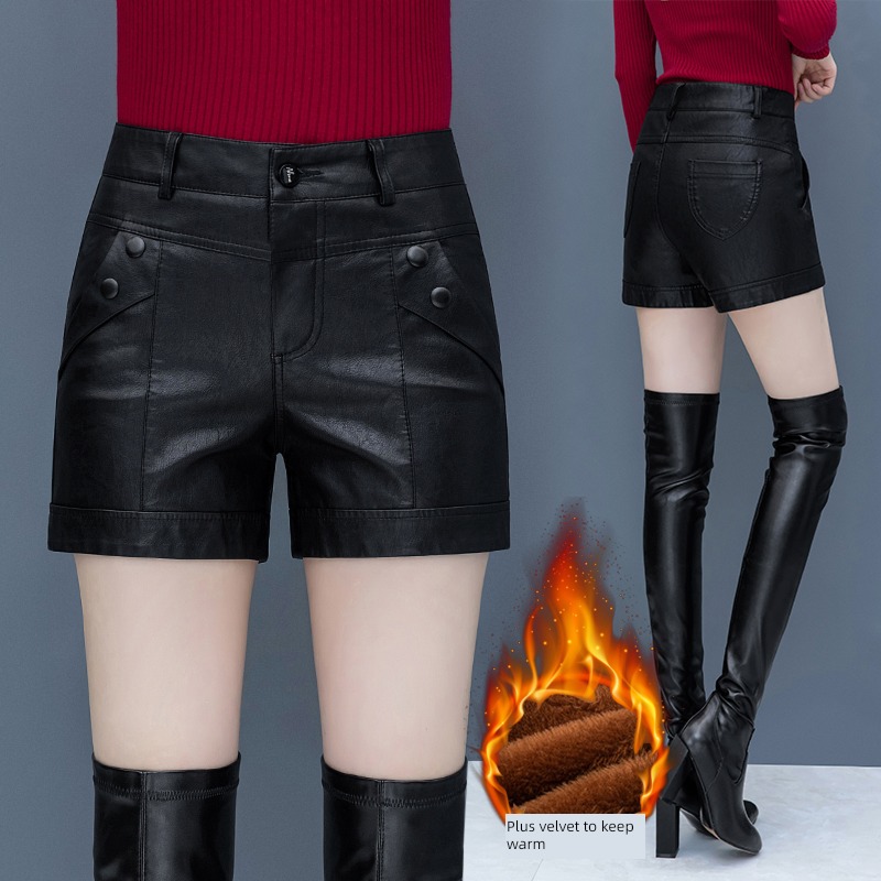 PU skin Autumn and winter Wear out High waist thickening A word shorts