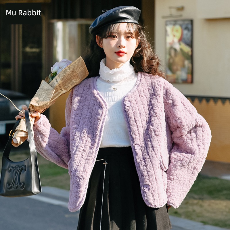 Moxa rabbit October 31 New products Autumn and winter High collar Plush Solid color Lace shirt female