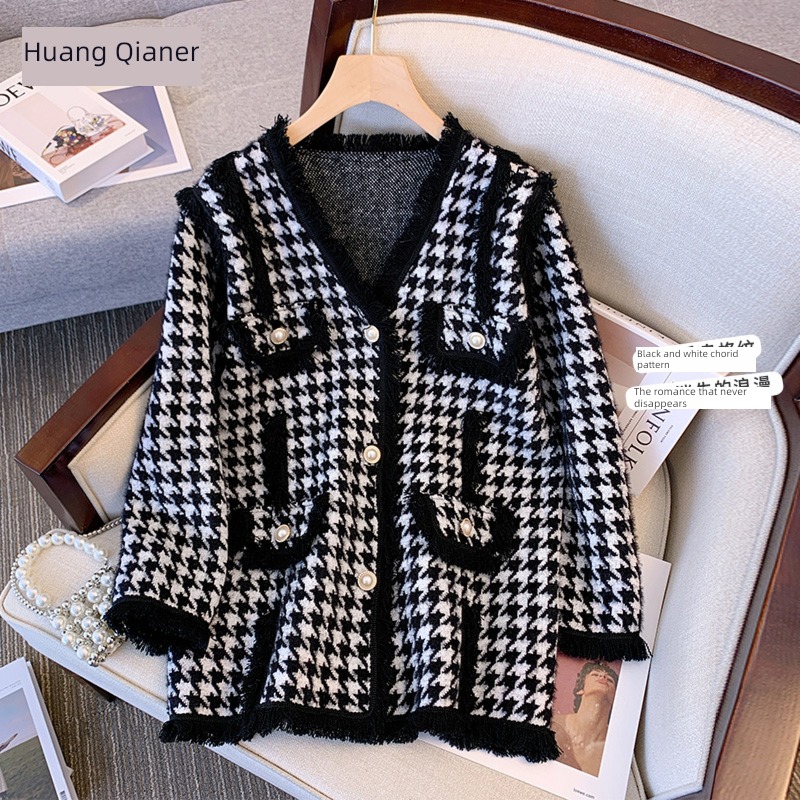 Little fragrance Tweed Spring  houndstooth  loose coat