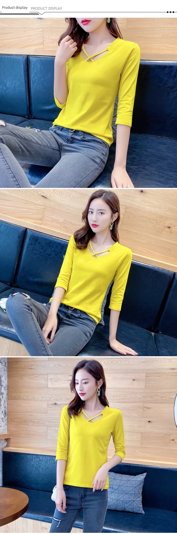 pure cotton Medium long sleeve V-neck T-shirt ma'am spring and autumn Black and white Undershirt jacket 2021 new pattern Self-cultivation Inner lap Thin money