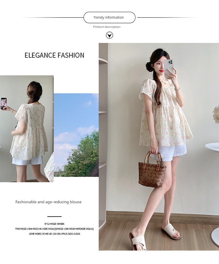 Maternity Wear Summer New Style Fresh and Sweet Square-Neck Embroidered Floral Loose Babydoll Shirt Short-Sleeve Top for Pregnant Women Trendy — 6