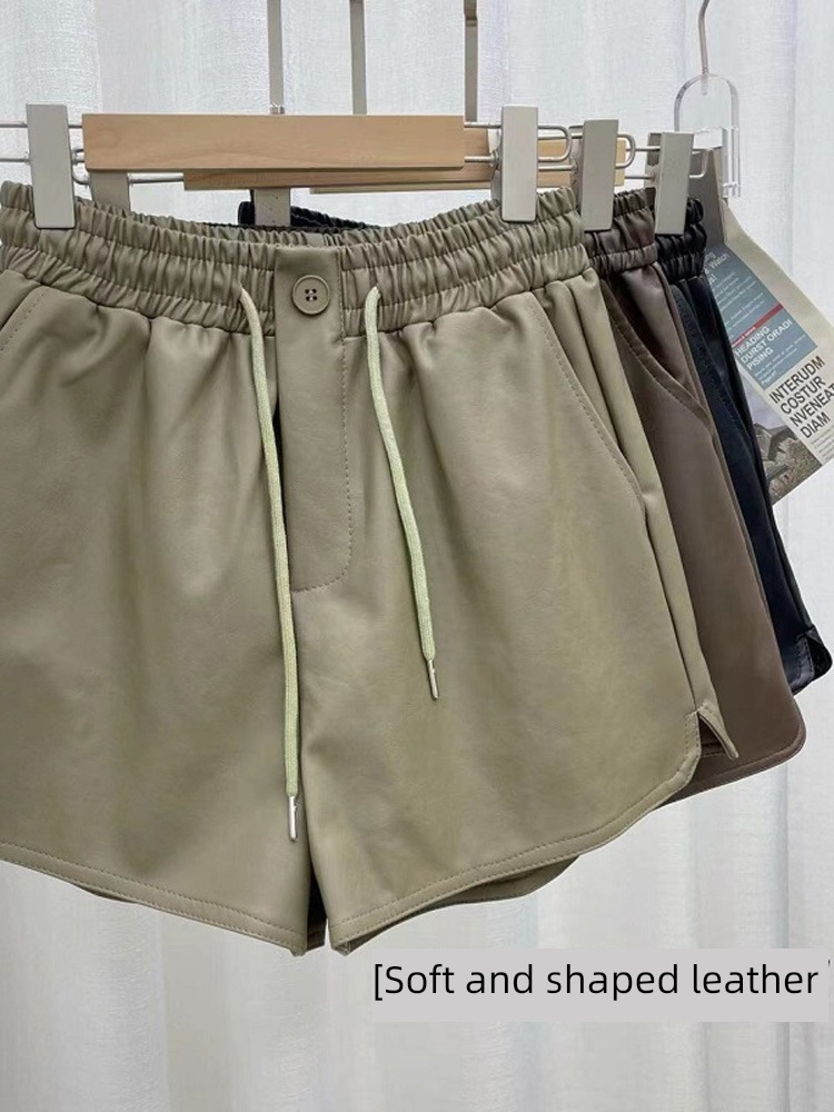 Coffee PU skin shorts female 2022 Autumn and winter new pattern easy Casual pants Wear out Boots and trousers A word Wide leg pants ma'am