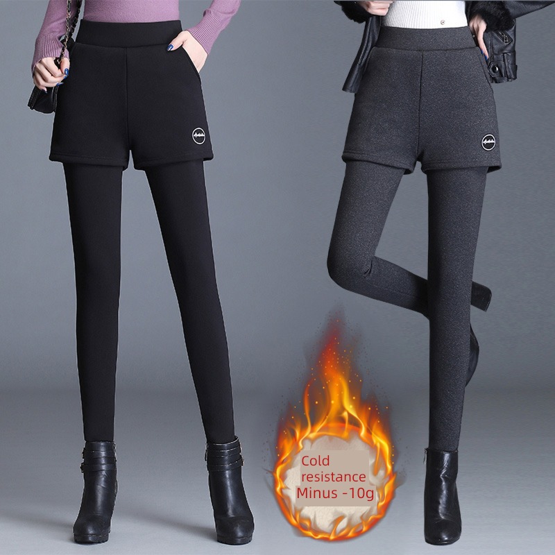 Plush Autumn and winter High waist elastic force Tight trousers Fake two