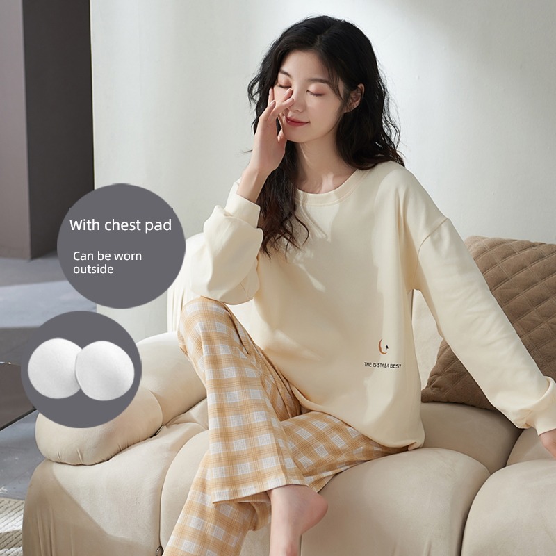 With chest pad autumn pure cotton female Big size senior pajamas