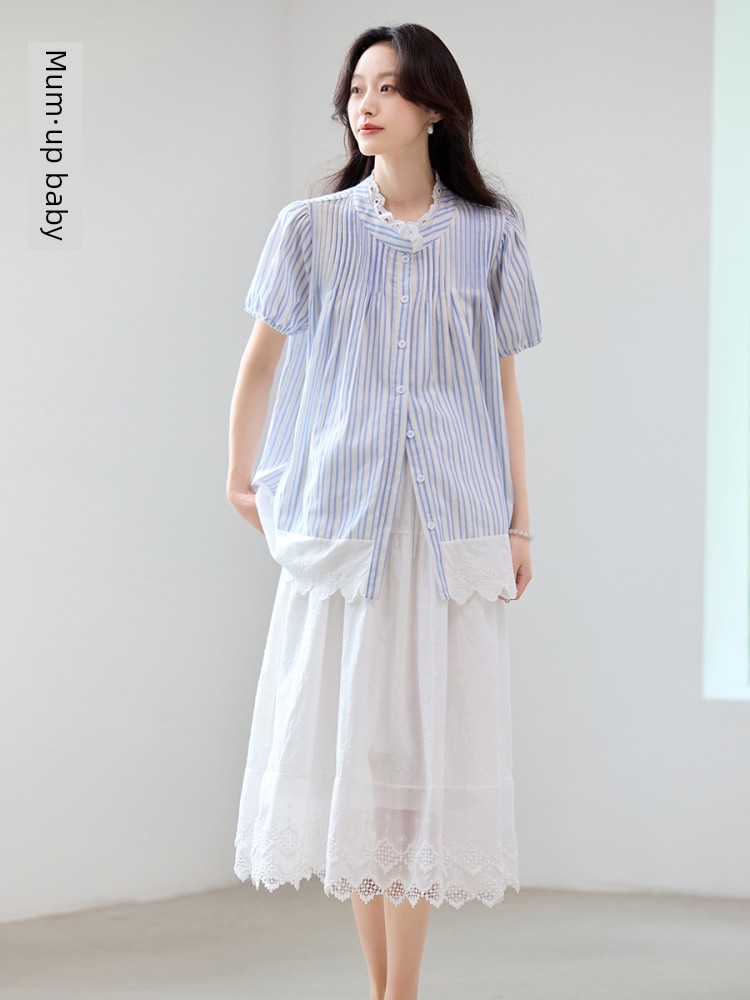 Pregnancy Premium Maternity Set: Summer Outerwear for Pregnant Moms, High-End Outfit with Lace Patchwork Shirt and Skirt Two-Piece Set — 3