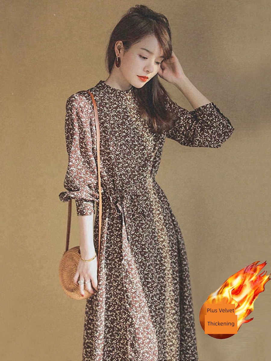 Autumn and winter Coffee Tea break French temperament Broken flower Dress