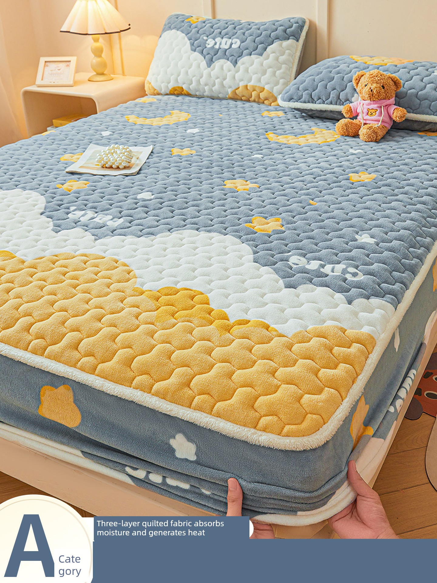 Class a Antibacterial Milk Velvet Quilted Fitted Sheet Bed Cover Fleece-Lined Winter Coral Velvet Mattress Cover Protector Three or Four-Piece Set