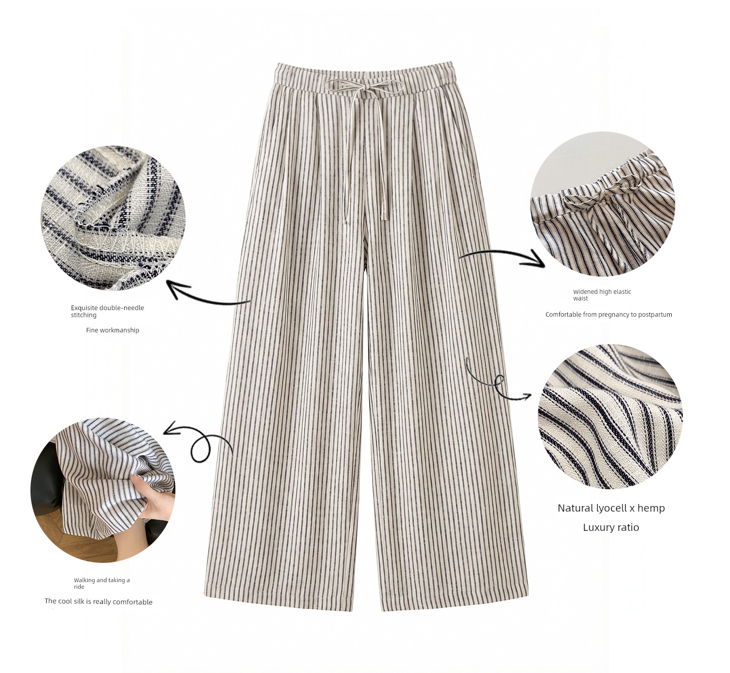 Zma Vertical Stripe Linen ● Maternity Pants Summer Thin Style 2026 Summer Collection Relaxed Loose Wide-Leg Pants Pregnancy Long Pants — 4