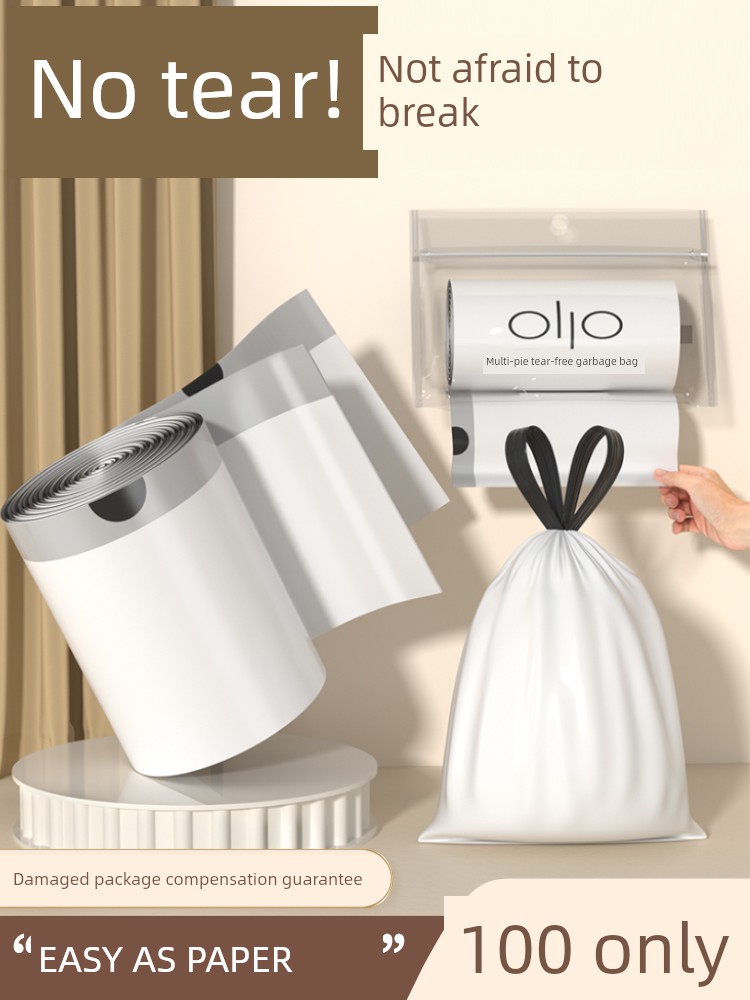 Tear-Free Drawstring Garbage Bags, Thickened, Household, Portable, for Kitchen, Bathroom, Dormitory Use, Student Plastic Bags, White