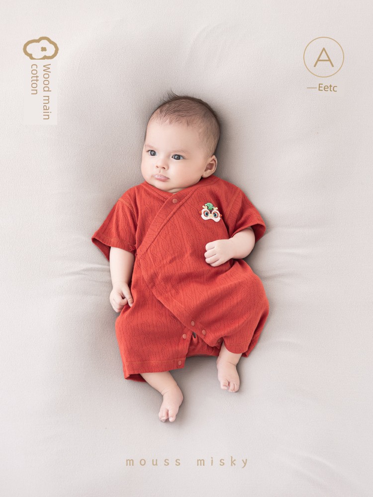 Baby Short-Sleeved One-Piece Clothing, Summer Thin Style, Newborn Pure Cotton Romper, Baby Red Full-Month Crawling Suit, Spring and Autumn