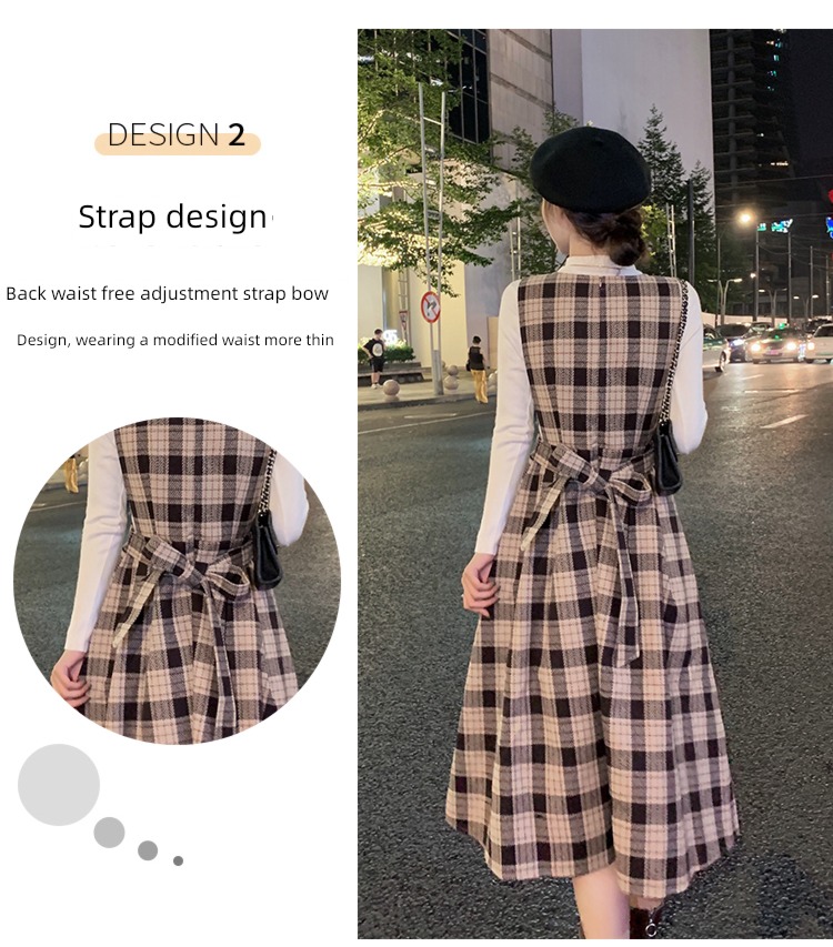 Autumn and winter French Check pattern Wool Dress suit straps